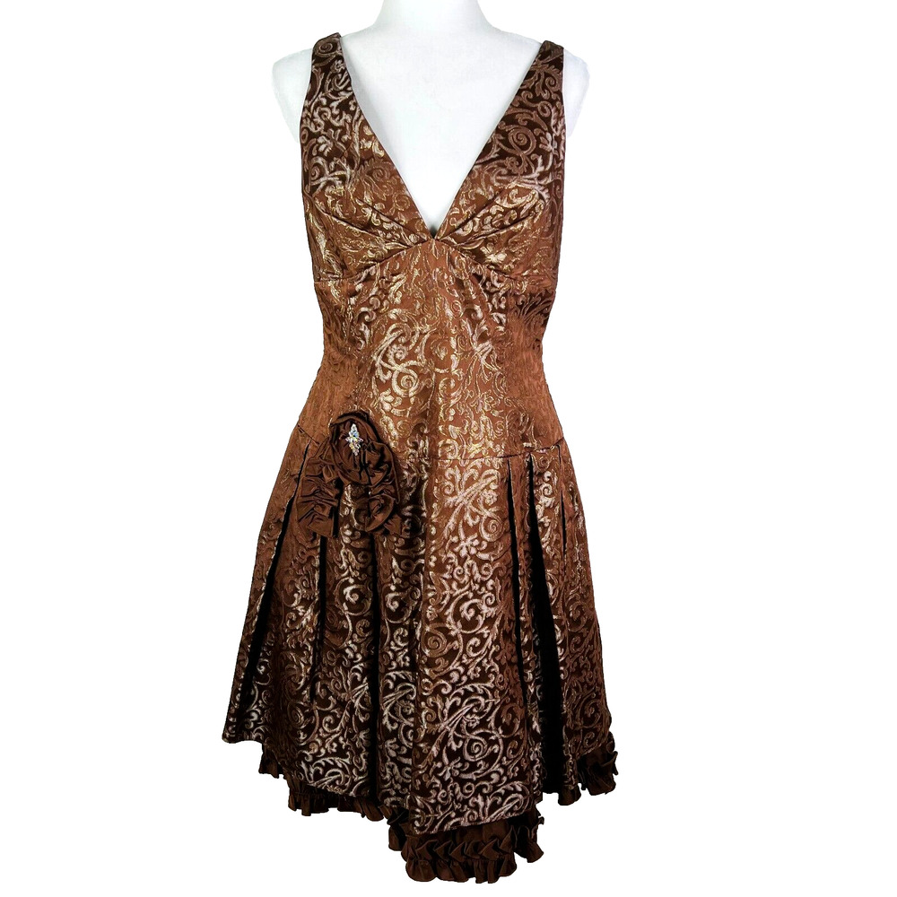 Jessica McClintock Brown V Neck Ruffle Hem Rhinestone Dress Size 12‎